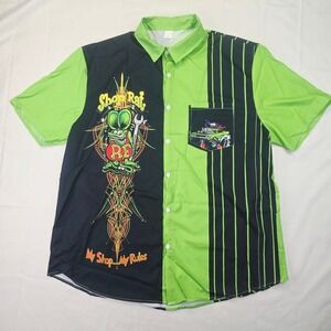 Unbranded Men's Shop Rat Car Graphic Button Down Shirt 5XL Green Black Hot Rod